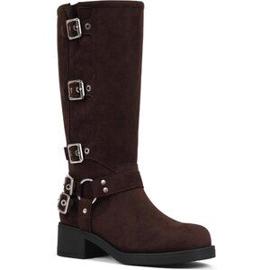 Women's Chocolate AMINUGAL Knee High Boots Square Toe Wide Calf Chunky Heel